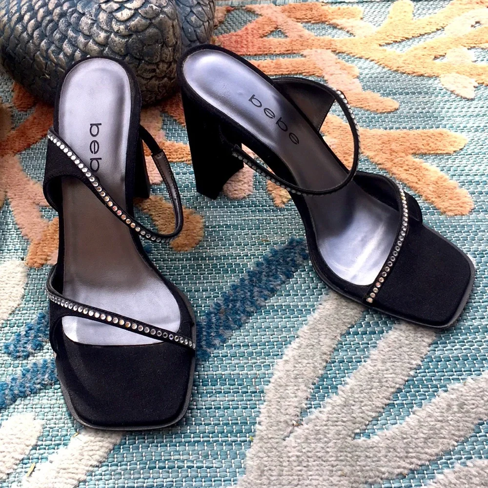 Bebe Evening Heels Jeanette Estella Black Clear Rhinestone size 6 Y2K Square Toe